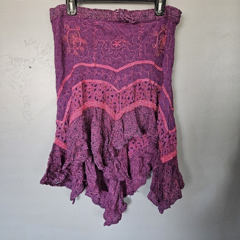 Vintage Purple Pink Floral Embroidery Asymmetrical Hem Fairycore Skirt Free Size